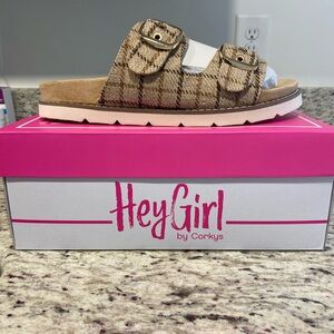 Hey Girl by Corkys Tan Plaid Slide Sandal